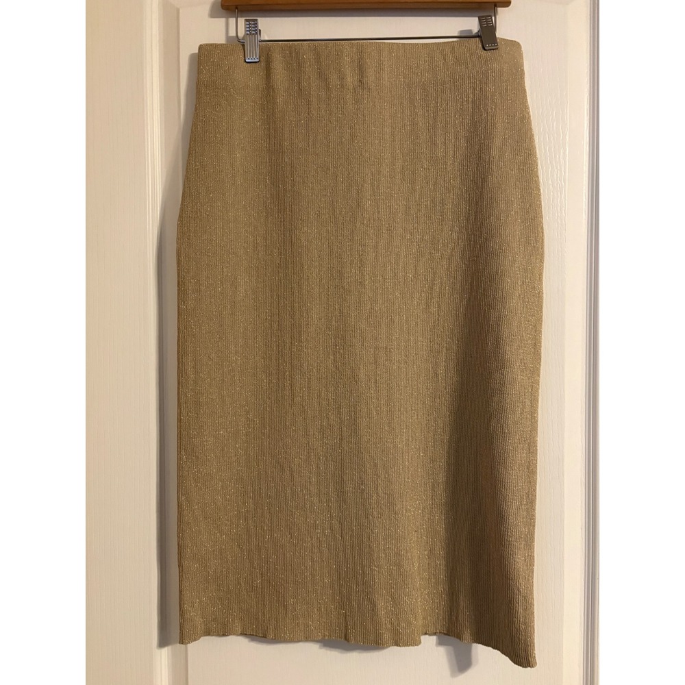 Calvin Klein Midi Skirt Womens Large Gold New Ribbed Metallic Pencil Glam